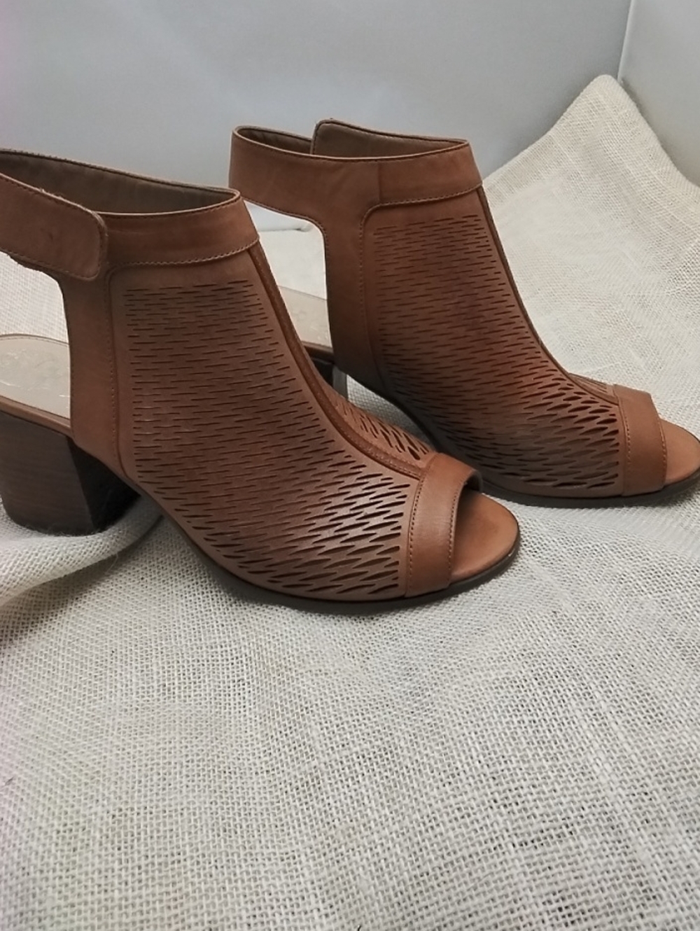 Vince Camuto Brown leather Perforated Open-Toe Block Heel Sandals
